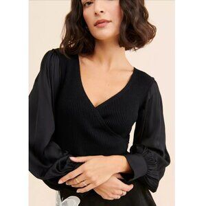NWT Anthropologie Twofer Faux Wrap Sweater Knit Satin Black 3X